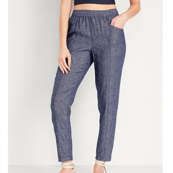 OLD NAVY High Waisted Cropped Linen Blend Pants Blue White Chambray Crop Ankle L - Picture 3 of 14